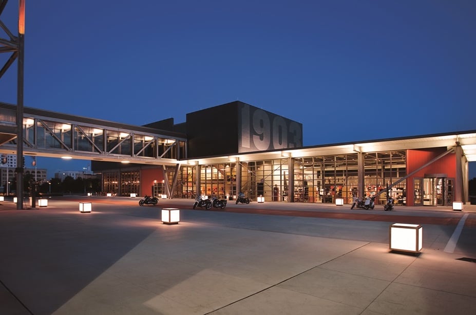 Harley Davidson Plaza with the number 1903 in large print on the side of the building